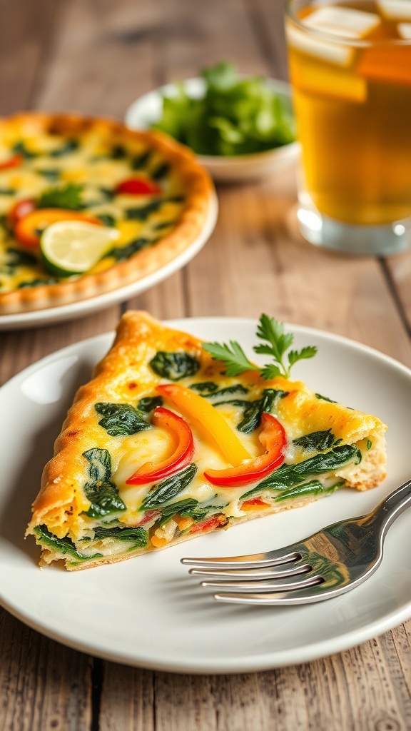A slice of vegetable quiche with spinach and bell peppers on a plate, garnished with parsley, next to a fork and a salad.